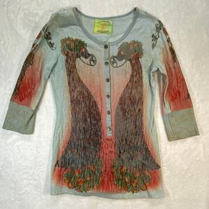 Butterfly Dropout Art to Wear Button Up Top‎ Peacock Print 3/4 Sleeve M